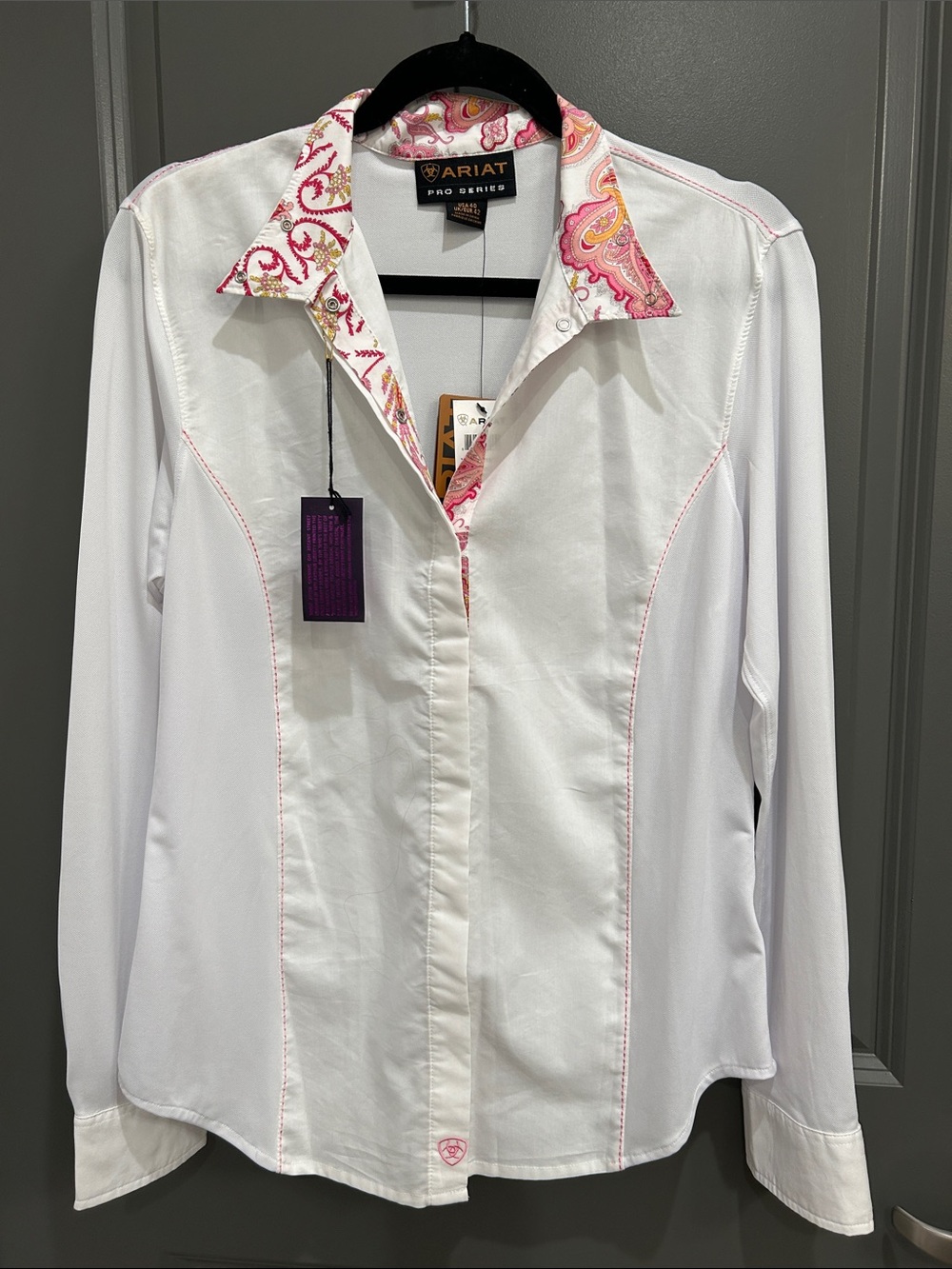 Ariat White Long-Sleeve Button-Down Shirt with Pink Paisley Trim NWT